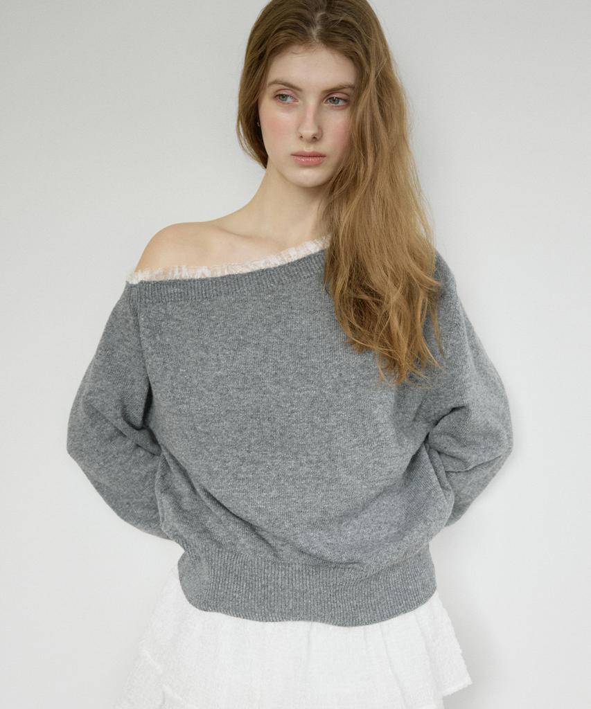 LETTER FROM MOON Faye Lace One-Shoulder Cashmere Knit (Gray)
