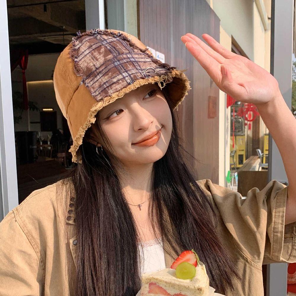 Beggar Style Plaid Bucket Hat Patched Sun Protection Basin Cap Fashion Retro Fisherman Hat  Women