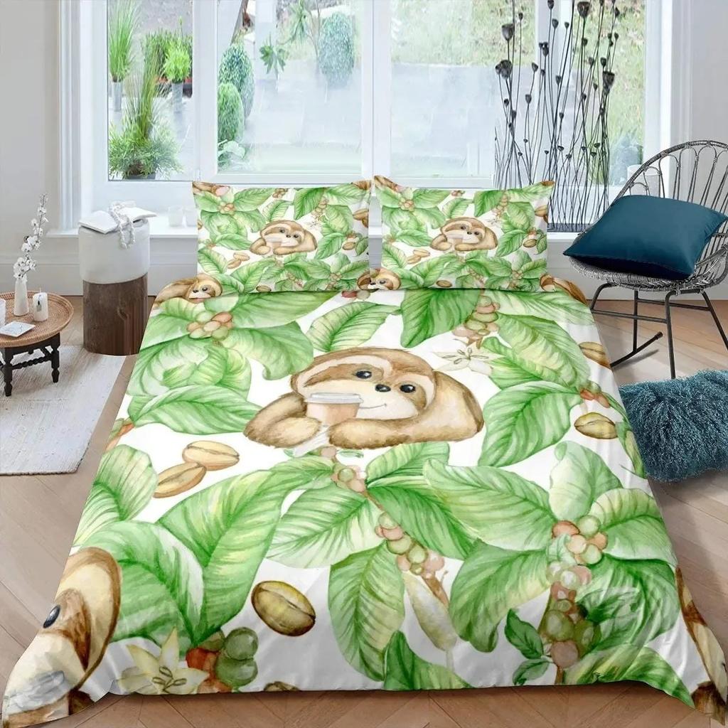 Kids Sloth Duvet Cover Set Queen King Size Cute Animal Pattern Polyester Comforter Cover Branches Winter Theme for Boys Girls