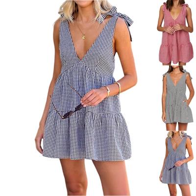 Women's Summer Plaid Flowing Dress Strappy Sleeveless Beach Holiday Dress