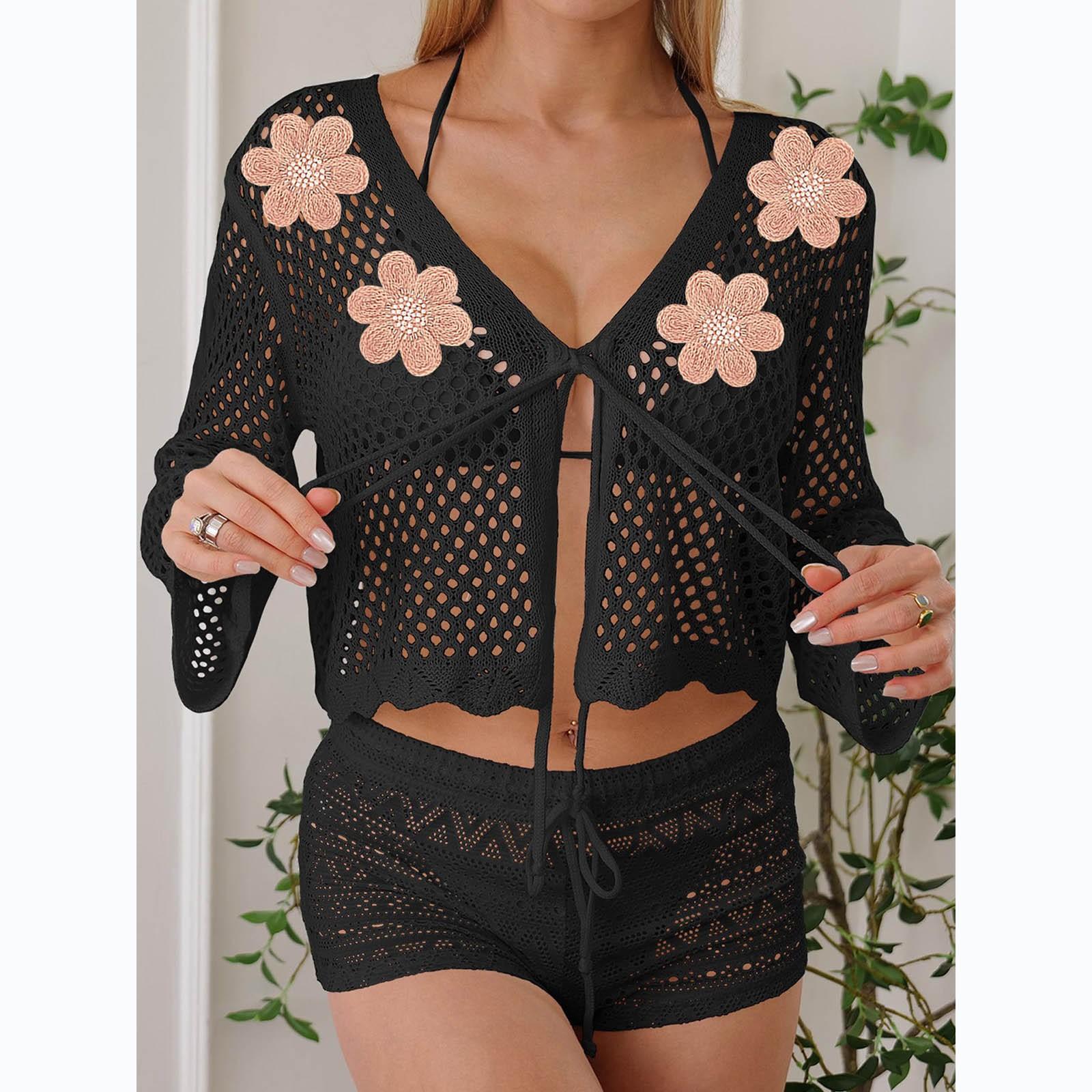 

Женское свободное повседневное пляжное бикини с короткими рукавами и кисточками в стиле пэчворк для отдыха One Size чёрный