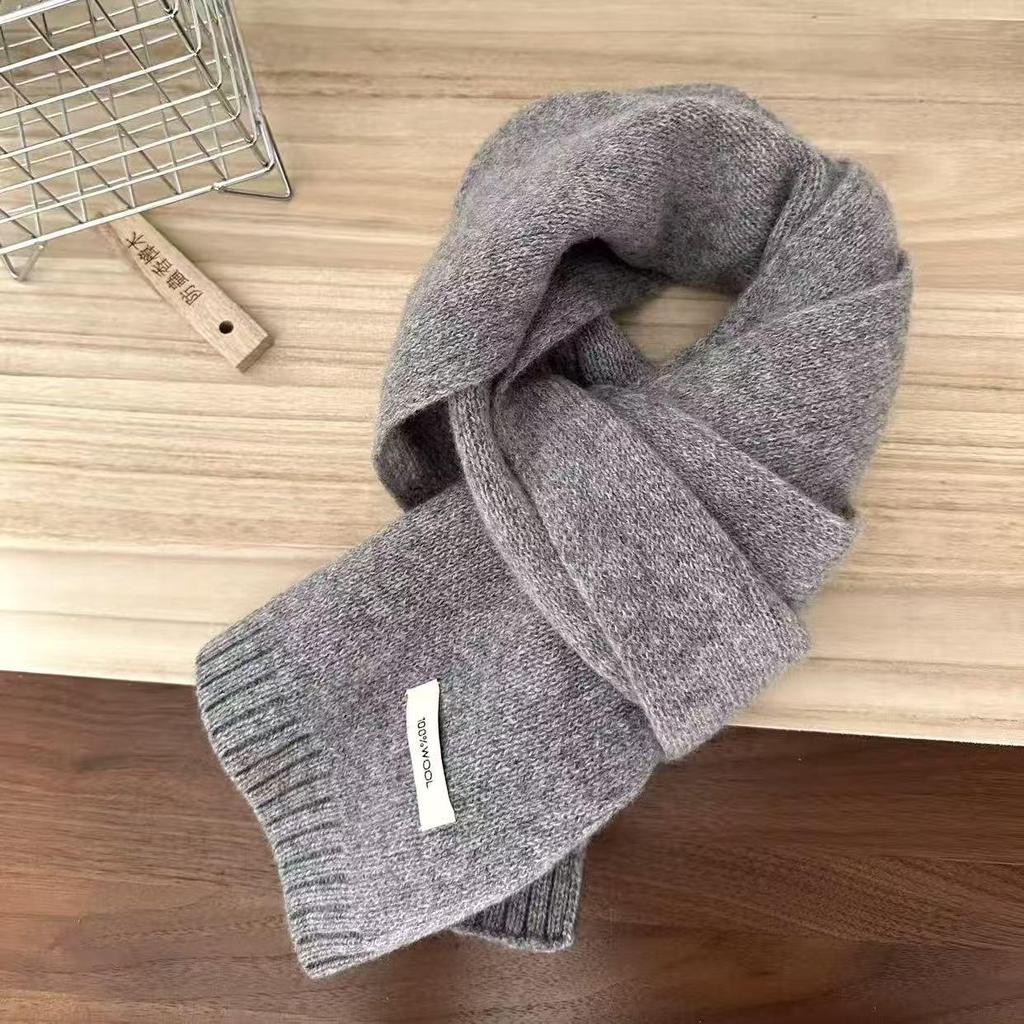 100% Wool Knit Cashmere-Style Scarf: Versatile Solid Color for Men and Women, Korean Winter Fashion