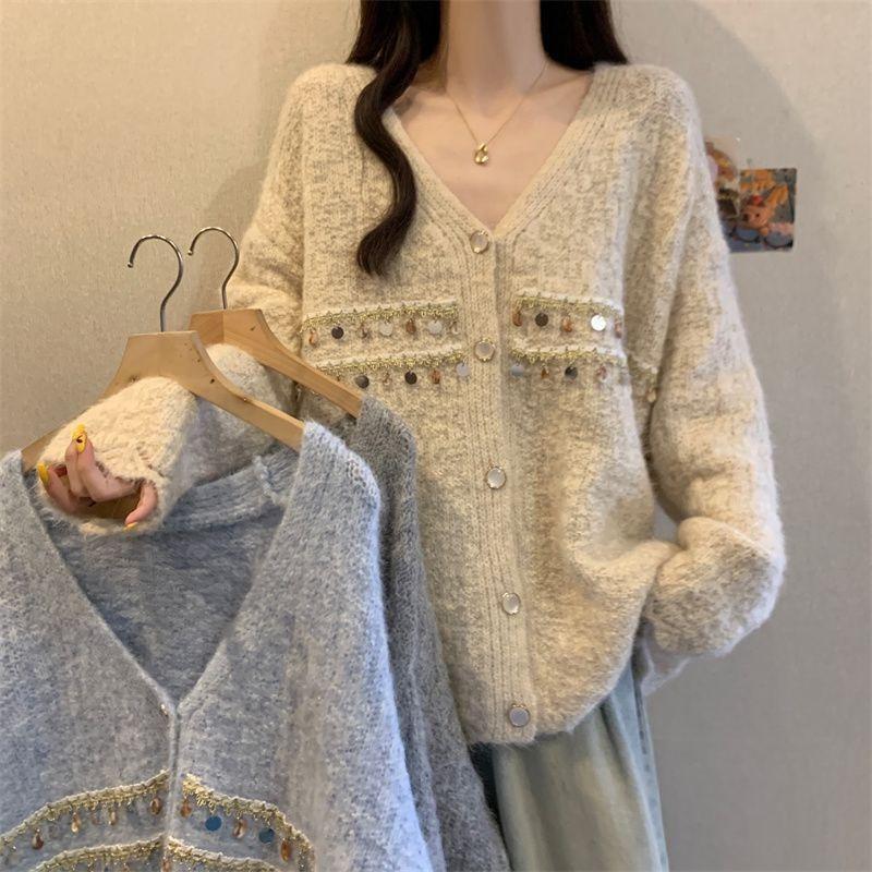 Women Sequin Decorated Solid Color Sweater Lazy Style Loose Fitting V-neck Knitted Sweaters Autumn Fashion Versatile LadySingle Breasted Top Coat