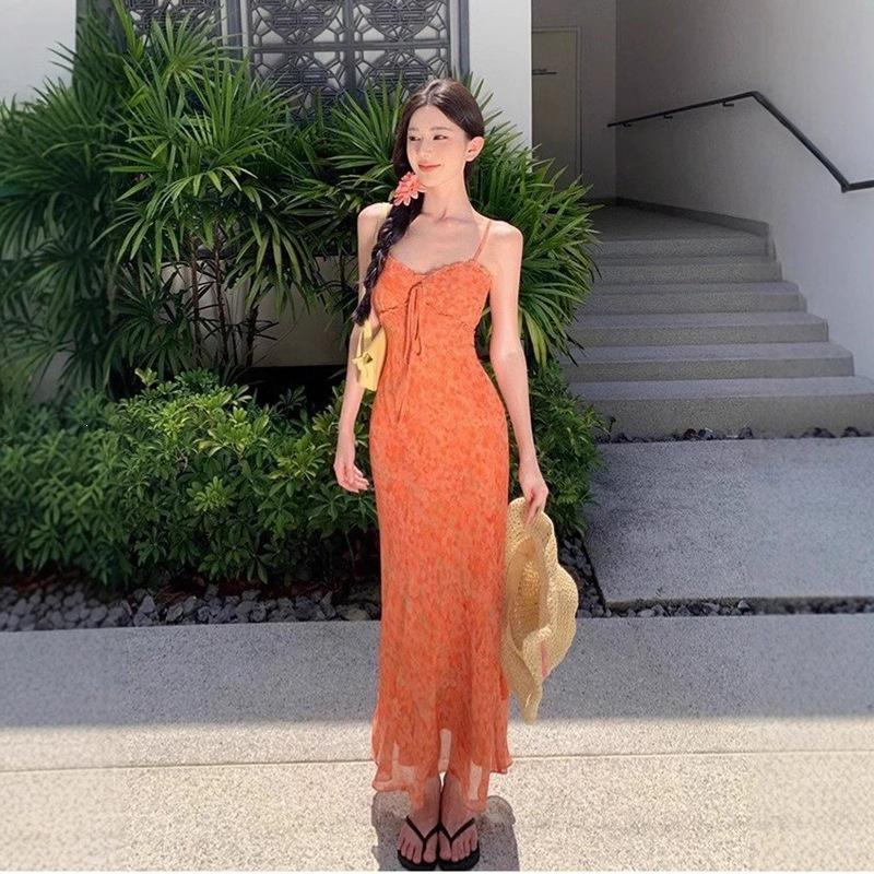 Sanya Travel Wear Orange Floral Suspender Backless Dress Women Thin Seaside Vacation Photo Beach Dress