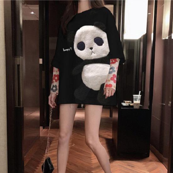 Camiseta Feminina de Verão Bordado de Animal Decoração de Panda Solta Comprimento Médio Gola Redonda Uso Diário Manga Curta Cor Contrastante Top de Verão Feminino Vestuário