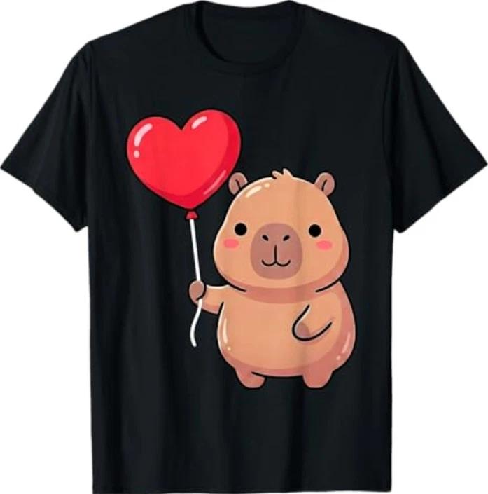 Cute Capybara Holding Heart Balloon Kawaii T-Shirt 3XL