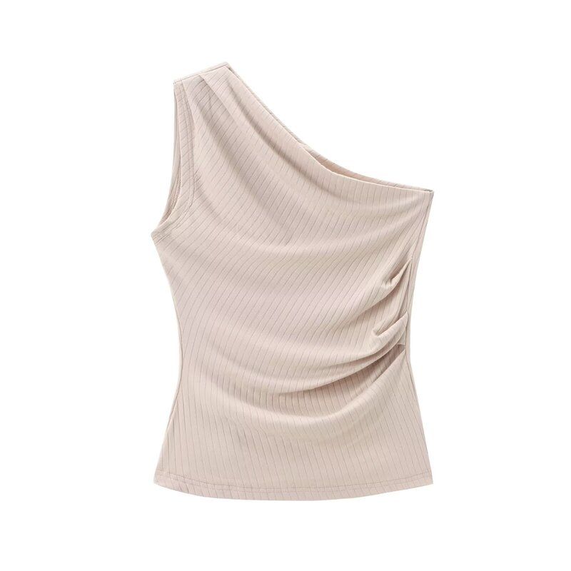 Fashion Style 2024 Summer New Women's Clothing Ruched Fabric Rib Asymmetric Collar Sleeveless Tops 1165455