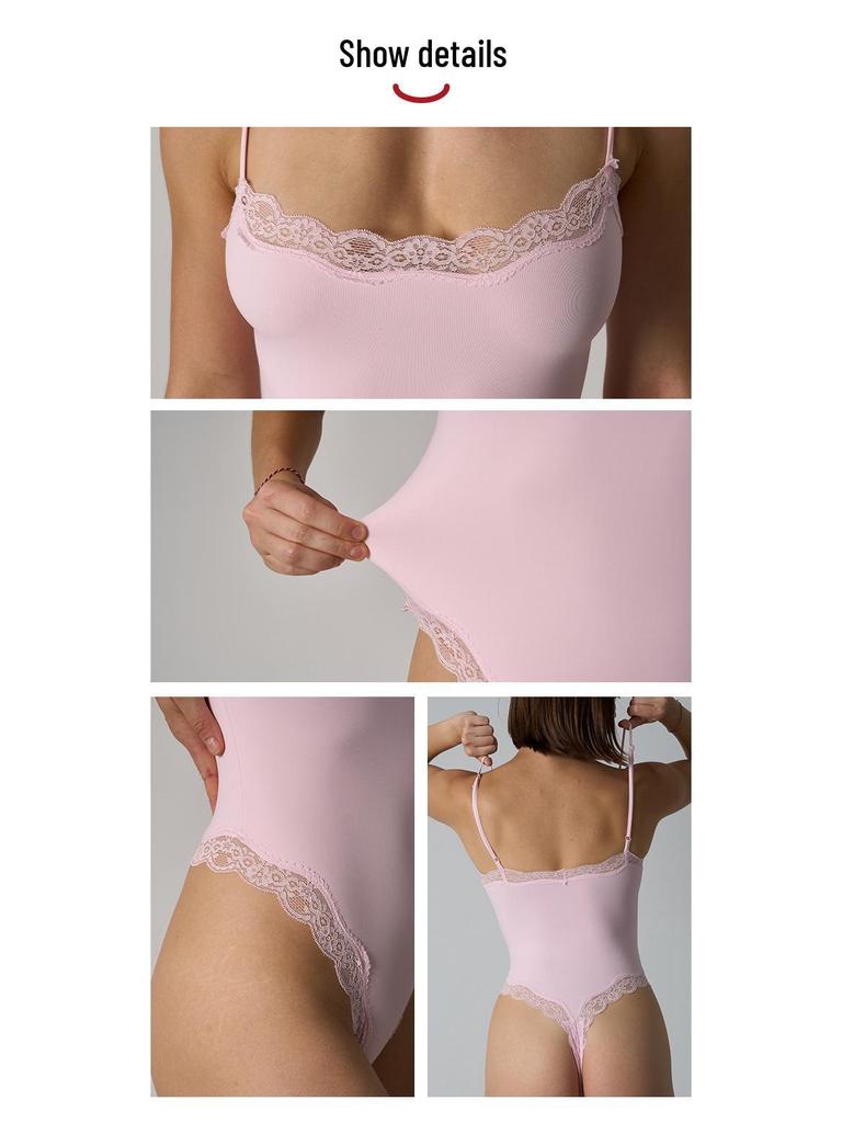 Retro Kantafwerking Patchwork Camisole Bodysuit: Minimalistisch, Ademend, Sexy Nude Stijl met Prachtige Rug