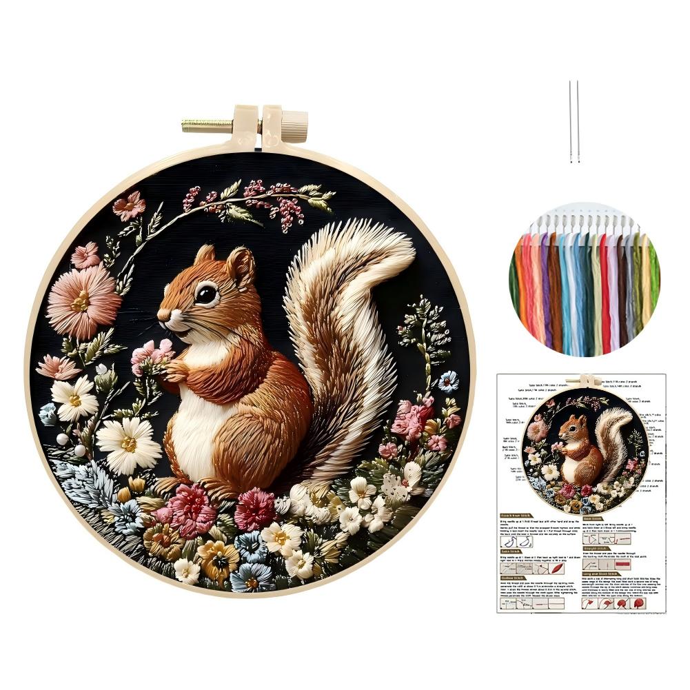 Squirrel Embroidery Kit for Beginners Pre-Printed DIY Craft Set with Hoop Handmade Craft Gift for Adults Punch Needle Kit