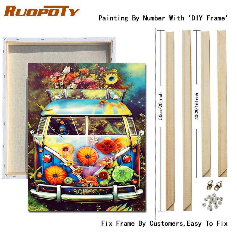RUOPOTY Vlastní malování podle čísel pro dospělé Startovací sady Květinový autobus Akrylová barva na plátně Obraz podle čísel Umění s rámem