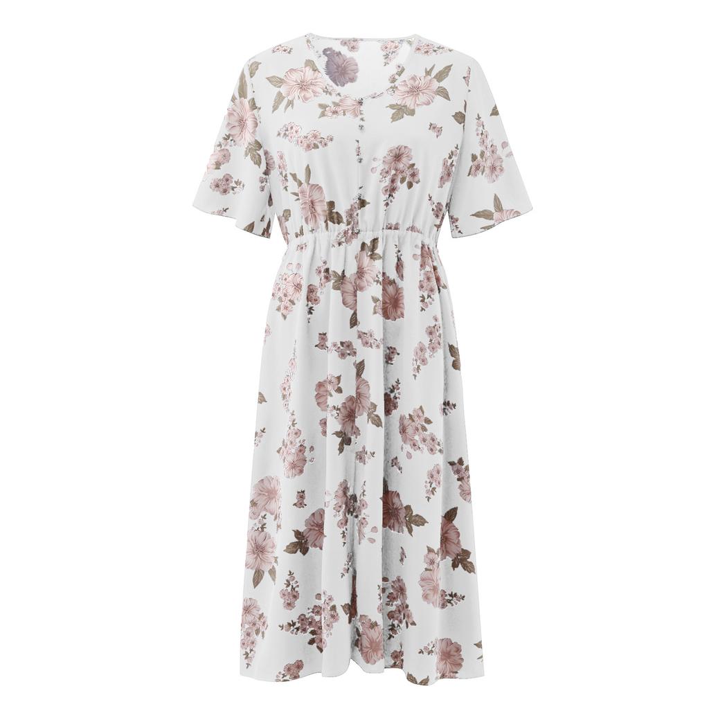 Large Size Ladies Flower Print V-neck Short-sleeved Dress European and American Waist Loose Split Mid-length Chiffon Skirt