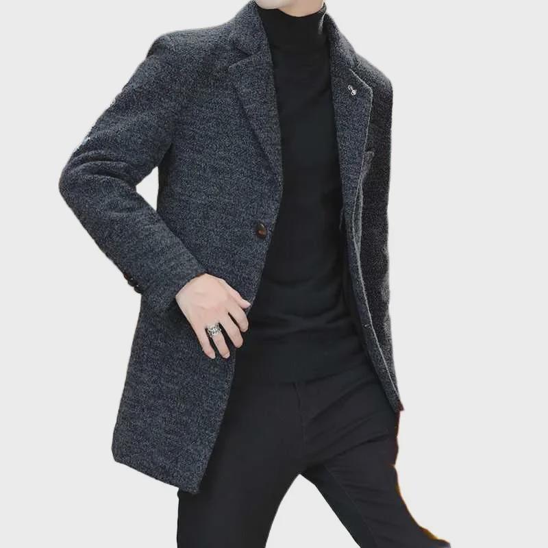 Pánská úzká vlněná větrovka, střední délky, korejský styl, pro podzimní a zimní obchodní nošení