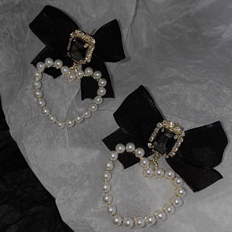 Black Bow Square  Earrings Women Elegant Pearl Heart Jewelry Gifts