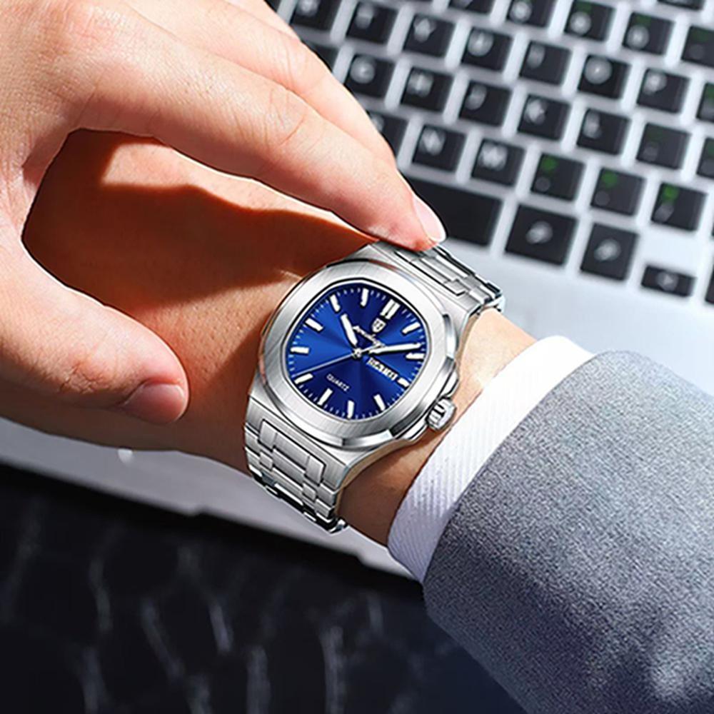 Luxury Square Men's Watches Waterproof Luminous Date Week Men Watch Stainless Steel Fashion Quartz Wristwatch