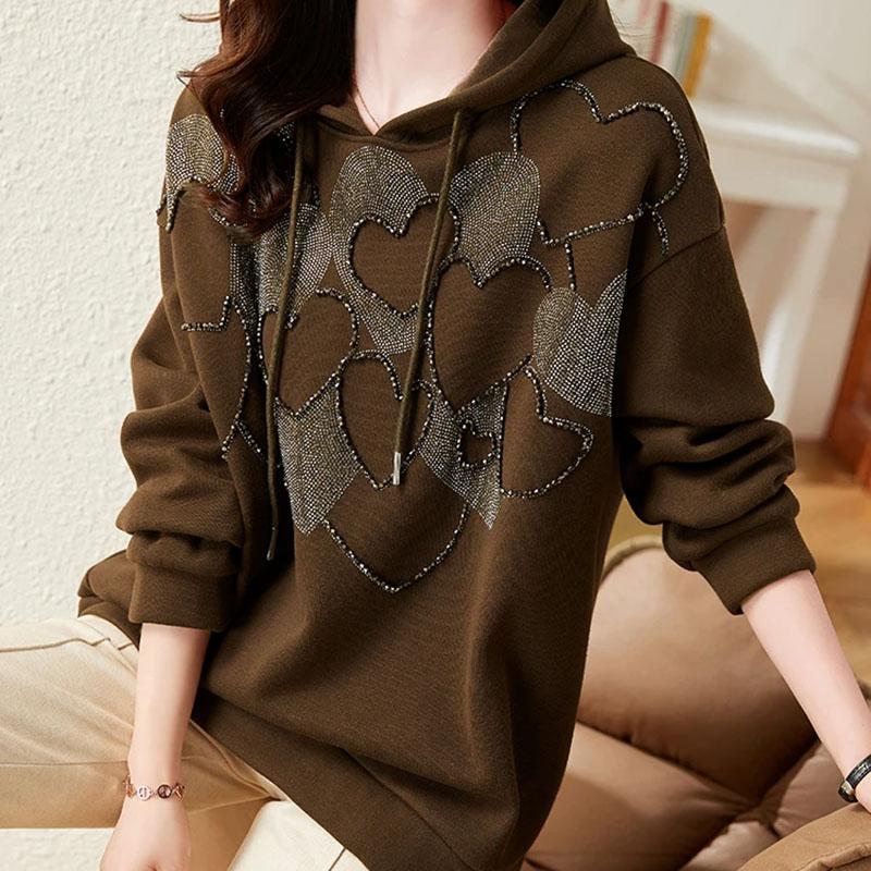 Bluza damska bawełniana oversize z kapturem z polaru pogrubiona luźna z okrągłym dekoltem casualowa wkładana top bluza z długim rękawem