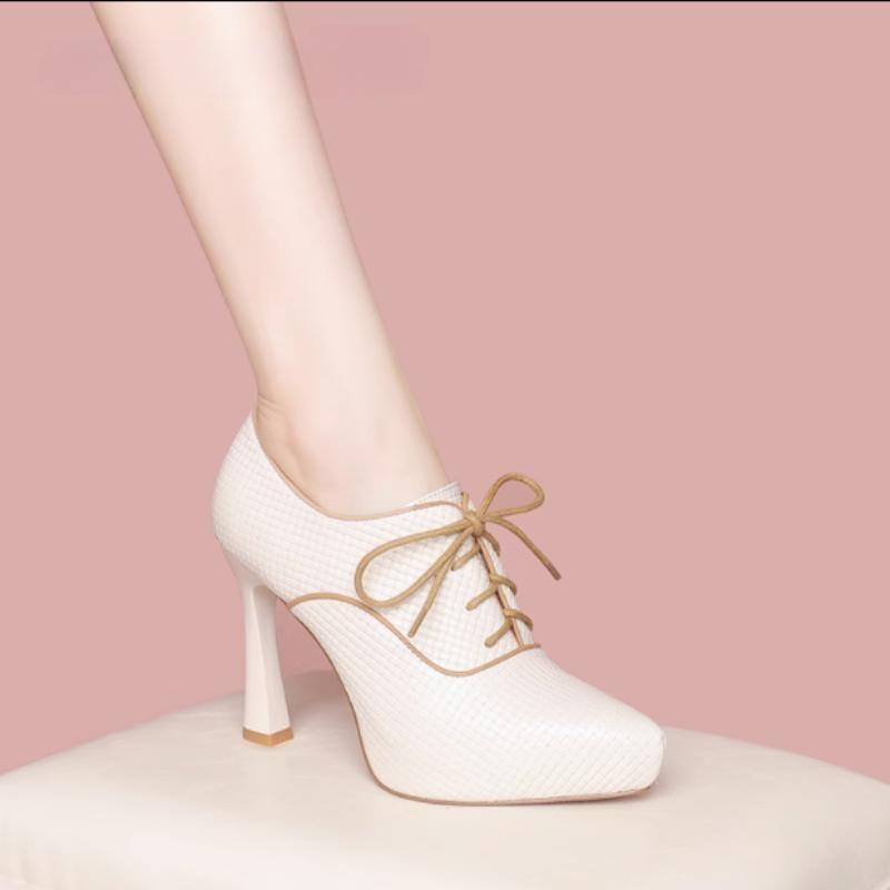 Fashion 2025 Autumn new French deep mouth single shoes leather thick with waterproof platform pointed head strap beige high heels sub