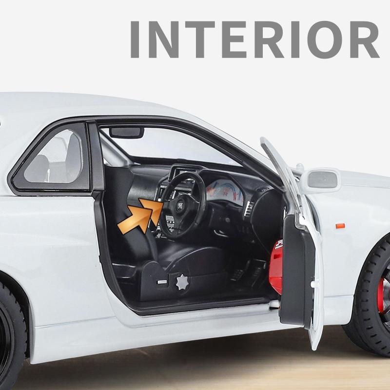 1/18 Nissan GTR R34 Skyline Supersportwagen Legierung Metall Diecast Modellauto Ton und Licht Kinderspielzeugauto Mikrofahrzeug Junge Geburtstag