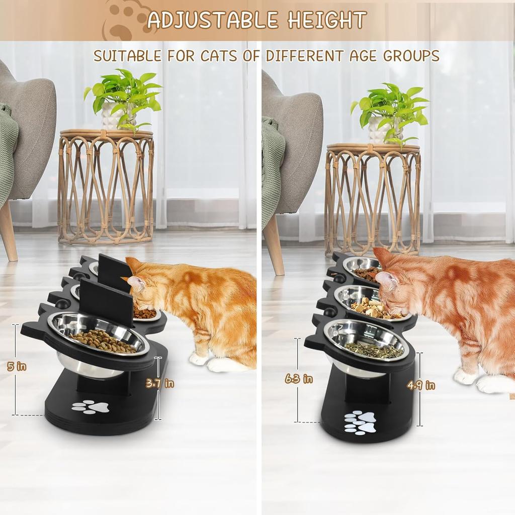 Cat Bowls Elevated, Raised Cat Food Bowls for Indoor Cats, Adjustable Heights Cat Food and Water Bowl with Black Shelf,3 Stainless Steel Elevated Cat