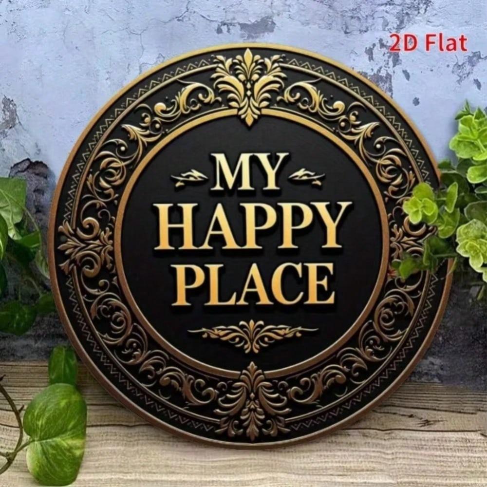 Vintage Gold Metal Wall Art Round Retro Sign My Happy Place Home Decor Bathroom Porch Living Room Kitchen Bedroom Wall Decoration