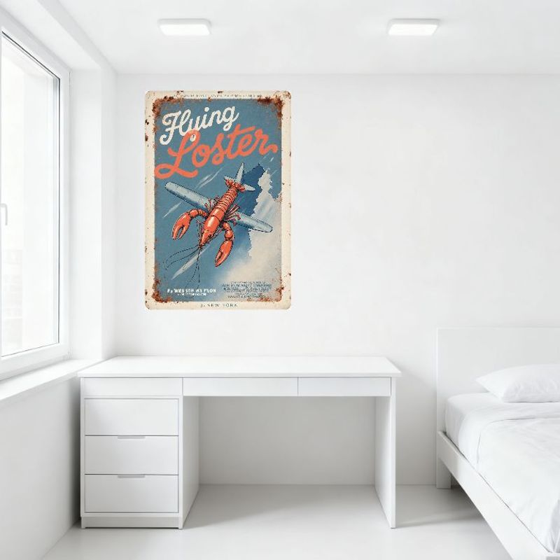 Vintage Flying Lobster Metal Tin Sign, Retro Rusty Metal Plate Wall Decor, Whimsical Lobster Pilot Airplane Art for Bar Pub Home