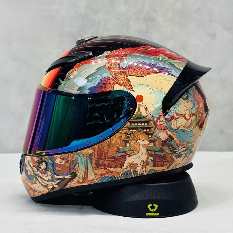 High-Definition Graphic Dynamic Dual R Full Face Motorcycle Helmet for Men Women City Commuting with Unique Artistic Designs