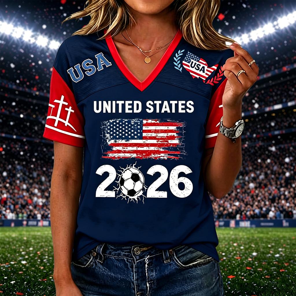 Women’s Casual V Neck Pullover Top with Short Sleeves and States Flag 2026 Soccer Graphic Print for Everyday Wear