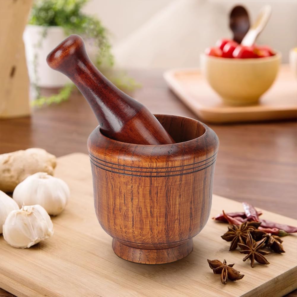 Mortar and Pestle Set, Pestle and Mortar Bowl, Wooden Mortar and Pestle Set, Kitchen Grinding Bowl Household Kitchen Manual Garlic Masher Set Mashing