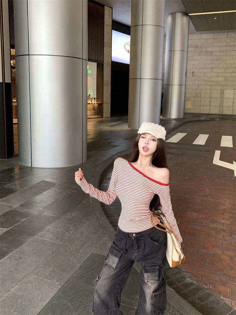 Koreański Jednoramienny Pasiasty Długi Rękaw Dopasowany Codzienny Damski Top