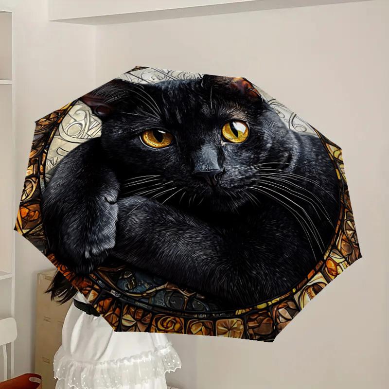 1pc Black Cat Artwork Automatic Folding Umbrella, Heavy-Duty 8-Rib Construction, Perfect for Everyday Yy251114113
