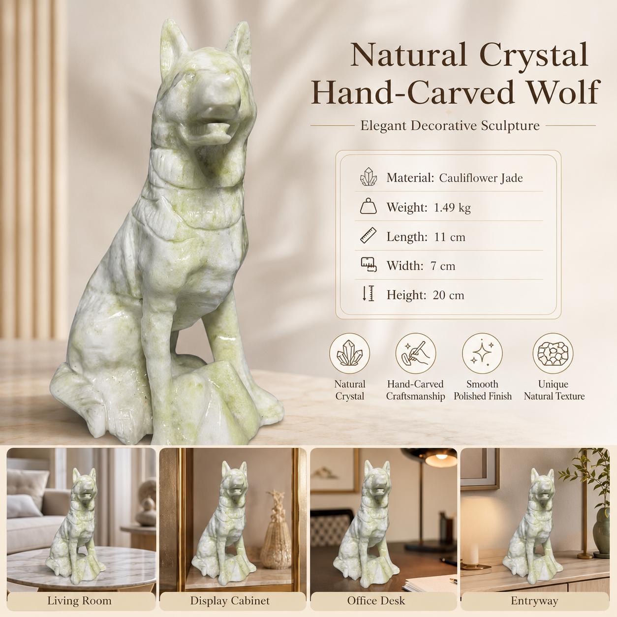 natural crystal cauliflower jade wolf carvings, new home decor carvings, high-quality crystal carvings (as the picture,20cm)