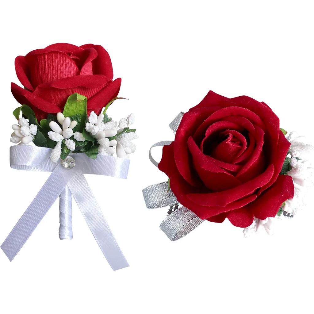 6pcs White Pink Corsage and Boutonniere Set Artificial Rose Wristlet Suit Flower for Men Wedding Party Prom Decoration