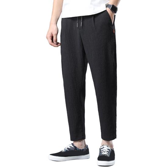 Men Ninth Pants Drawstring Elastic Waist Straight Leg Loose Solid Color Pockets Plus