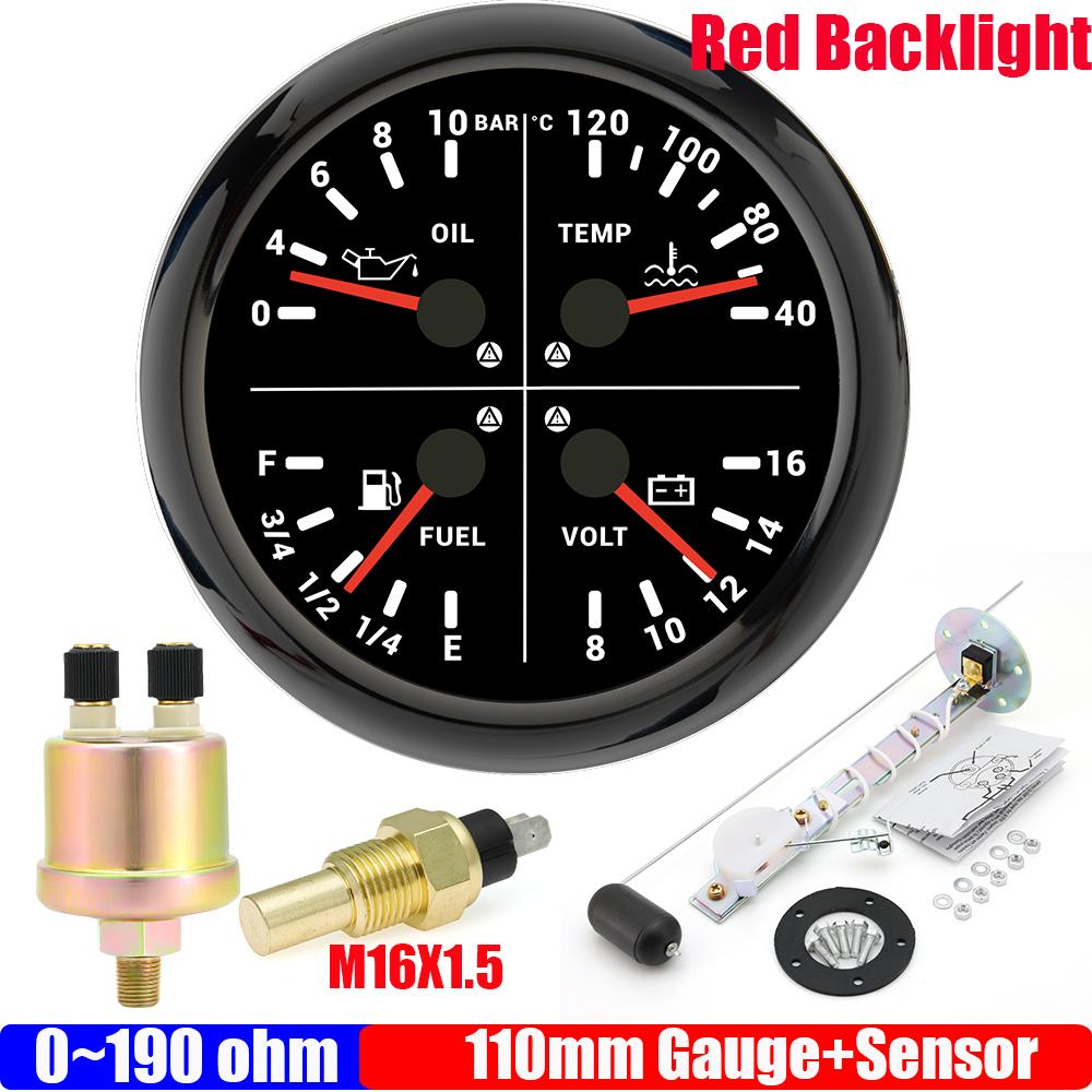 ZMFJH 110mm Gauge with Sensor Warning Red LED 4IN1 Multi-Meter Red LED Oil Pressure Gauge+Water Temp+Fuel Level Gauge+Volt 12V