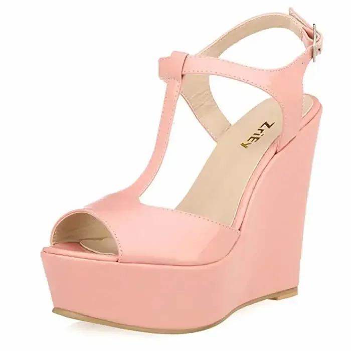 Damesandaler med kilehæl 14 cm Åpen tå Sexy Klubb Ankelstropp Høye hæler Lakkskinn Plattformpumps Kjole Rød Selskap Bryllupssko