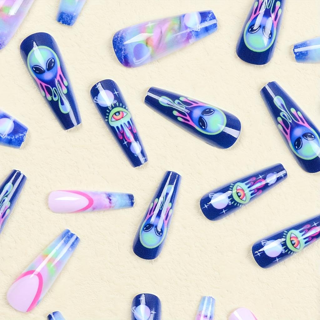24pcs Blue Starry Sky Long, Glossy, Full Cover Press On Nails for Women High-Quality, Easy to-Apply, Salon-Quality Stick On Nails
