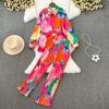 Womens Chiffon Long Sleeve Button-Up Top High-Waist Wide Leg Pants Set Tie-Dye Print Sweet Casual Outfit