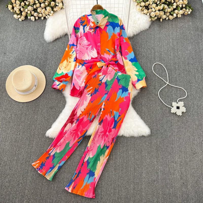 Womens Chiffon Long Sleeve Button-Up Top High-Waist Wide Leg Pants Set Tie-Dye Print Sweet Casual Outfit
