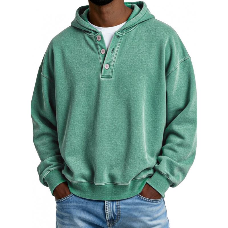 2025 European & American Men's Solid Color Hooded Sweatshirt - Three-Button, Loose Fit, Long Sleeve Jacket for Spring & Autumn