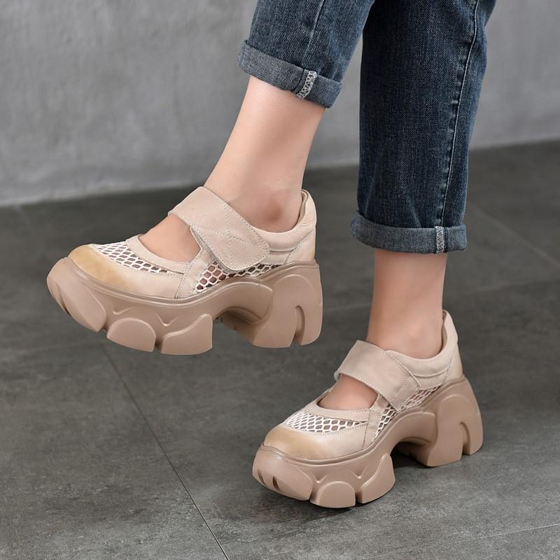 Johnature Leichte Sandalen aus echtem Leder mit dicker Sohle und ausgehöhlten Plateauschuhen für Damen