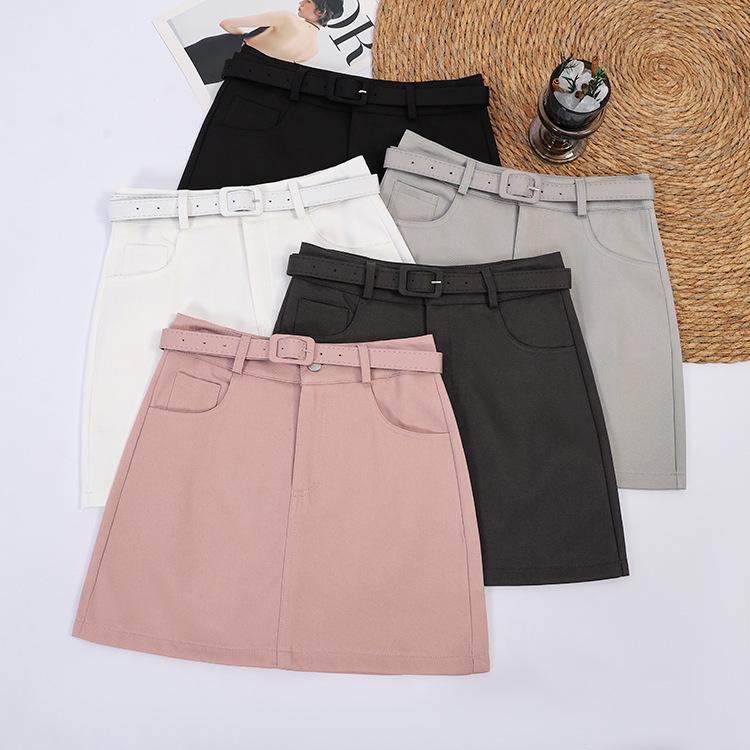 Fei Yuan A-line Skirt for Women with Belt and Double Pockets - Anti-exposure, Solid Color, Short, Petite Fit.
