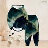 Women Plus Size Two Piece Set Hooded Long Sleeve Colorful Printed Top Cuffed Pants