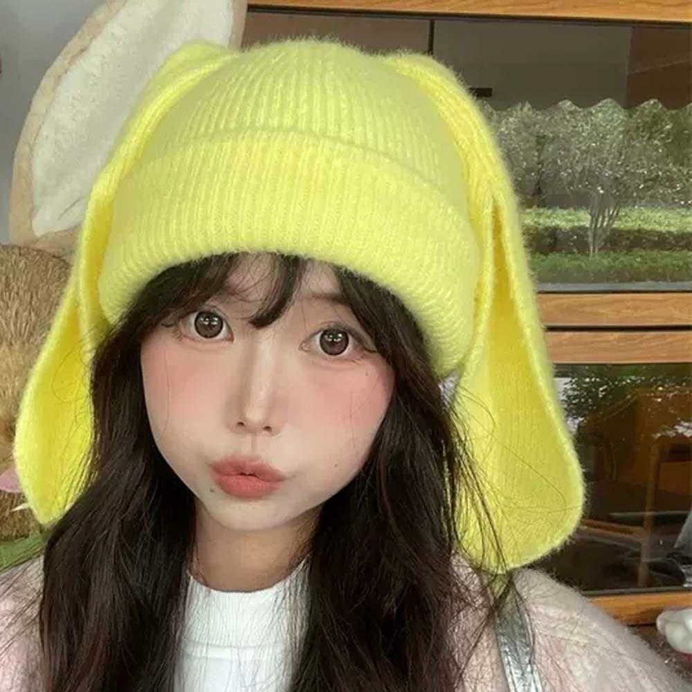 Elastic Bunny Pullover Cap Korean Style Solid Color Knitted Hat Woolen Hat Rabbit Ears Cap  Kids