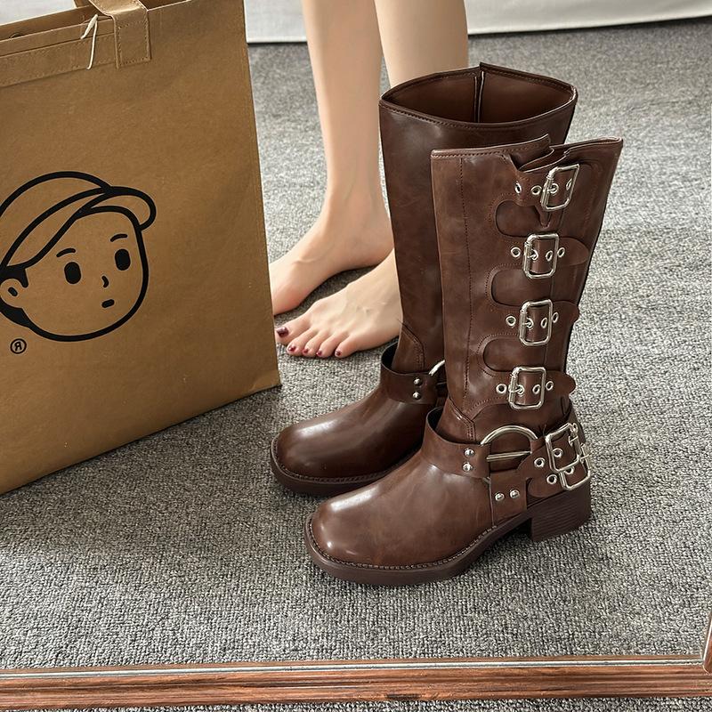 Brown knee boots women's 2025 new autumn and winter leather western cowboy boots boots tall knight boots