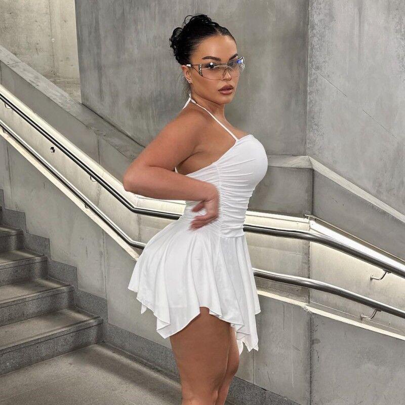 2023 Women's Solid Color Halter Neck Pleated Irregular Short Dress - European and American Style