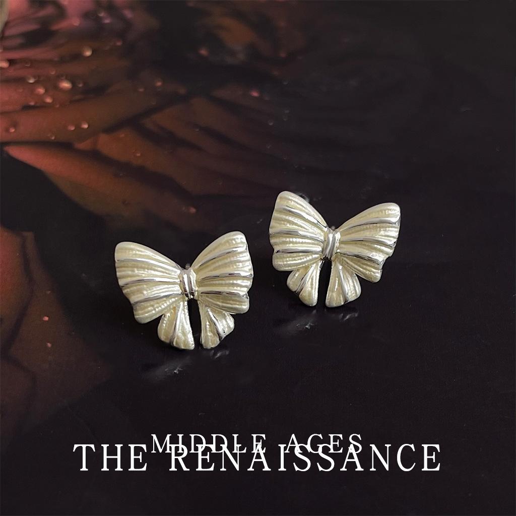 Ретро эмалевые серьги-пусеты с белым бантом и капелькой масла, темпераментные серьги