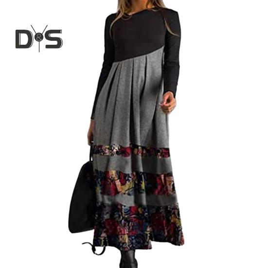 Damenkleid mit schrägem Ausschnitt, Patchwork, A-Linien-Saum, farbenfroher Druck, plissiert, lange Ärmel, Bohème-Stil, lockeres Maxikleid