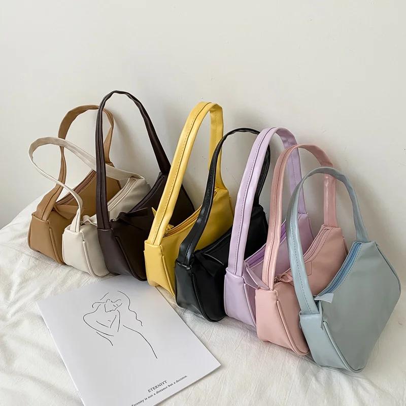 Women Travel Shoulder Bags Female PU Leather Zipper Shopping Underarm Bags Pure Color Small Purse  Purses and Handbags