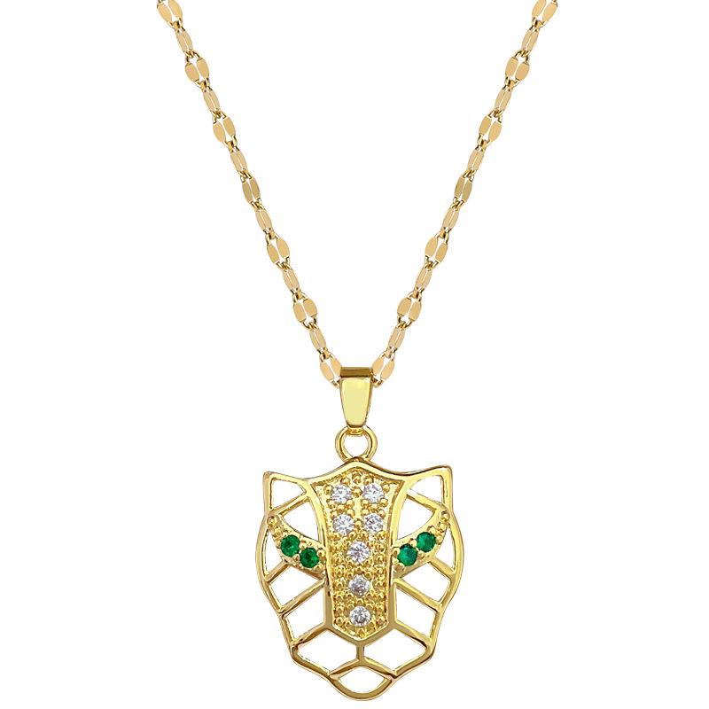 Green-Eyed Leopard Head Light Luxury Temperament Gorgeous Full Diamond Necklace Female Versatile Collarbone Chain Titanium Steel Chain