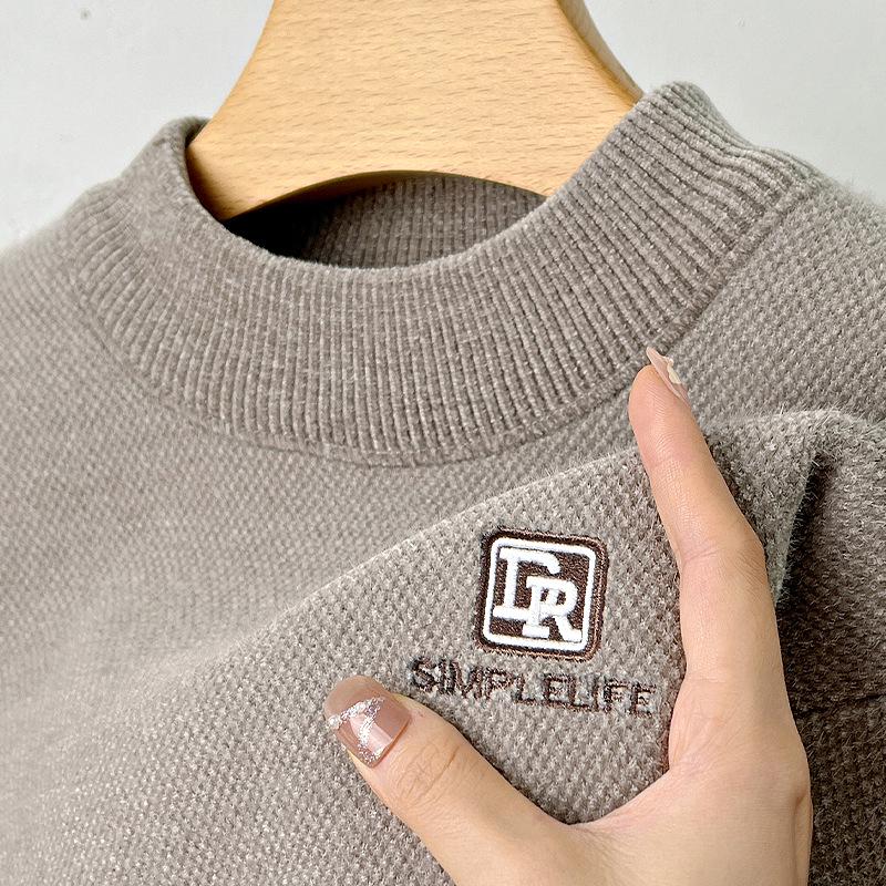 

2025 Winter Men s Embroidered Fleece Sweater - Round Neck, Plus Velvet Chenille Knit, Thickened Base Layer Top 2XL бежевий