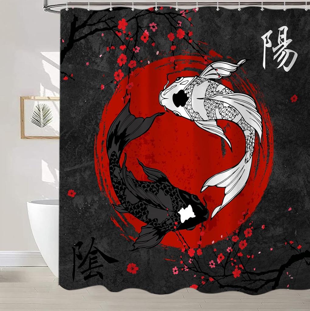 Black And Red Yin Yang Shower Curtain, Japanese Anime Koi Fish Asian Art Decor, Cool Artistic Waterproof Washable
